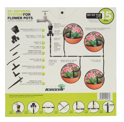 Gemakkelijk aan te sluiten druppelsysteem voor bloempotten en bloembakken. Je kunt de druppelaars per plantenbak neerzetten en ze bedruppelen je bloemen direct. Je hoeft alleen maar de kraan open te draaine.